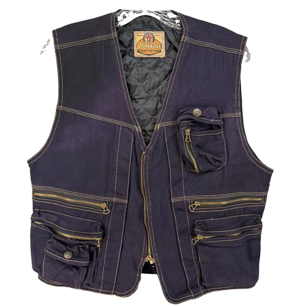 JouJou Denim Utility Vest Unisex S M Vintage Cargo Photography Workwear *zipper